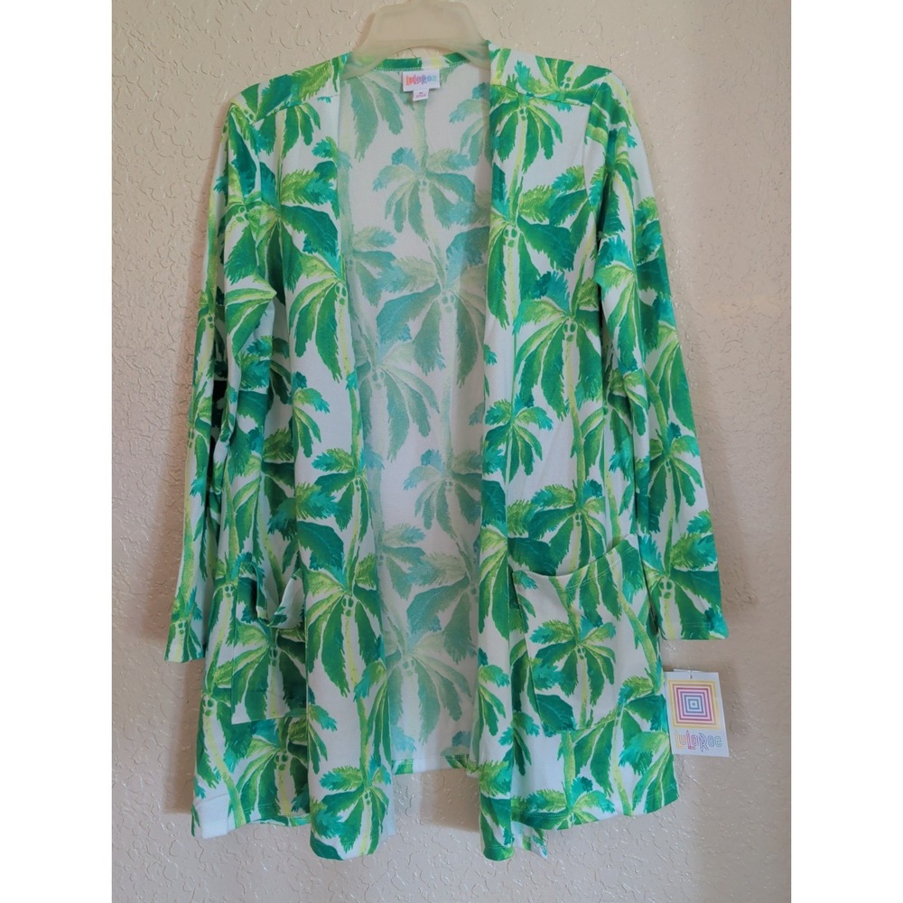 LuLaRoe Caroline Green Palm Print Open Front Cardigan Pockets Womens Med NWT